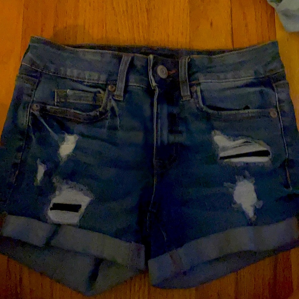blue ripped jean shorts high rise